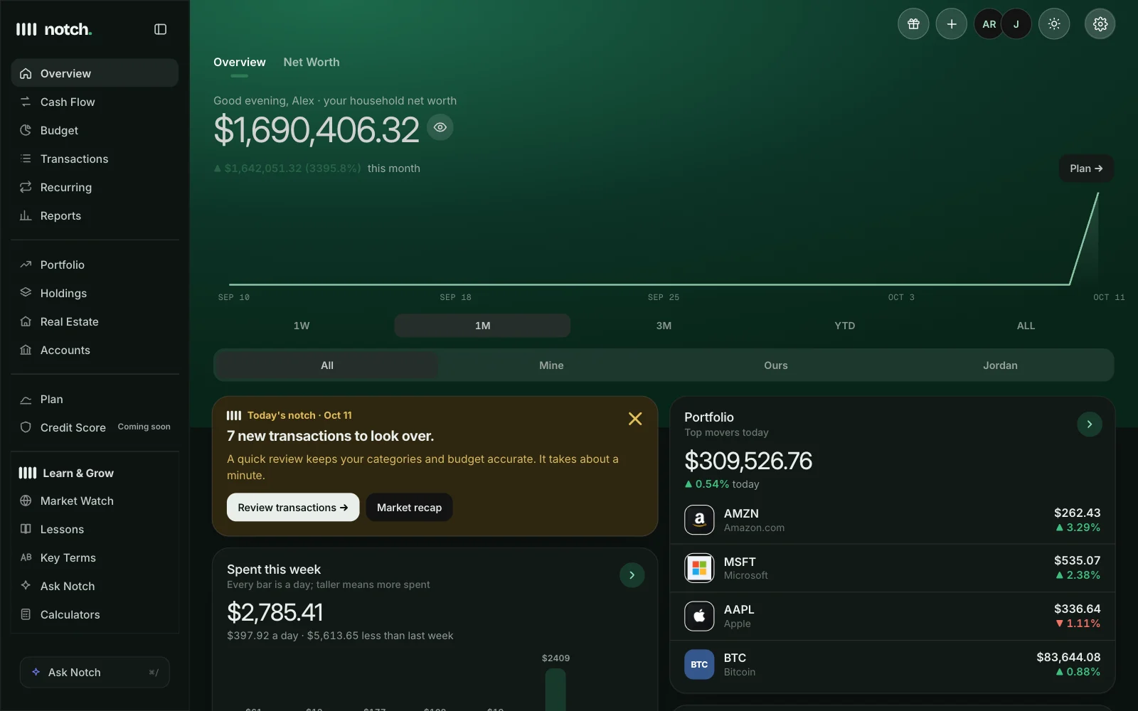 Notch on the web: the Overview page with net worth, spending and portfolio